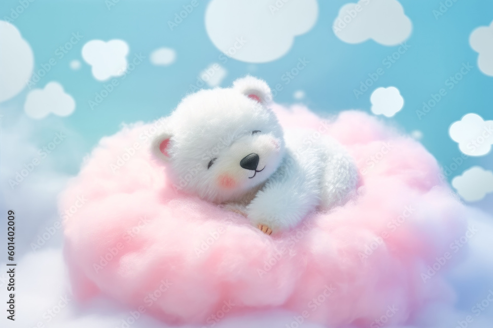 Lindo oso de peluche durmiendo en una nube rosa sobre fondo de cielo azul. Ilustración de IA generativa  - obrazy, fototapety, plakaty 