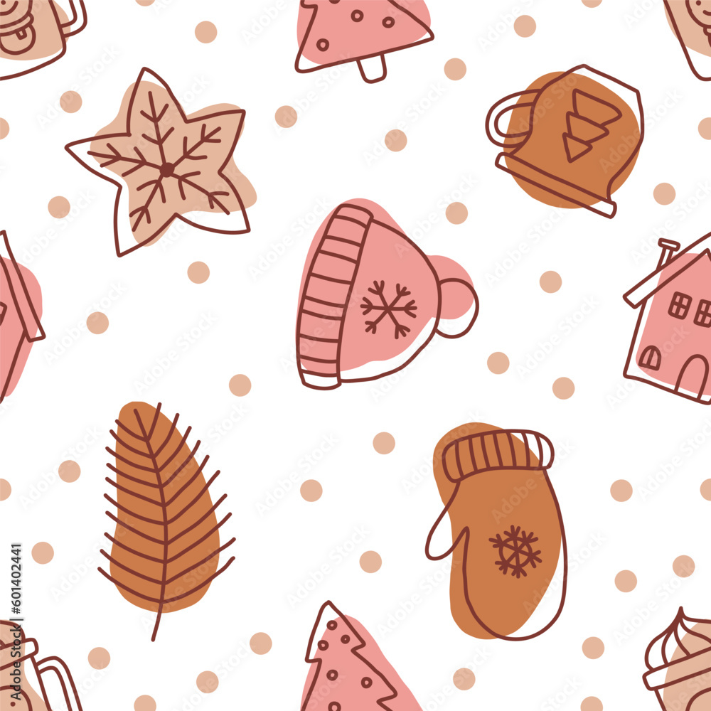 Christmas background with hat, mitten and house. Christmas background with hat, mitten and house.