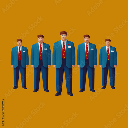 Foto business people in a row, in funny blue suits clones of a manager, team concept