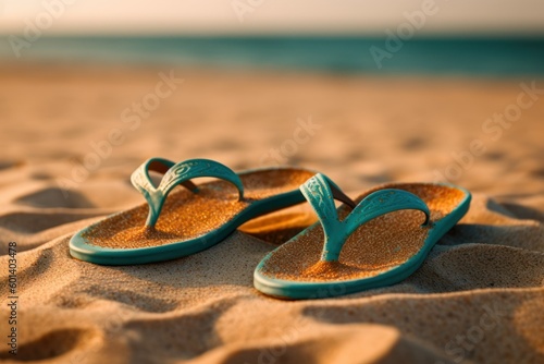 Colorful flip-flops in the sand of a beach, close-up. Summer holiday illustration concept. Generative AI.