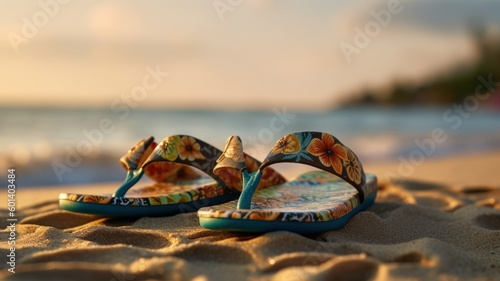 Colorful flip-flops in the sand of a beach, close-up. Summer holiday illustration concept. Generative AI. photo