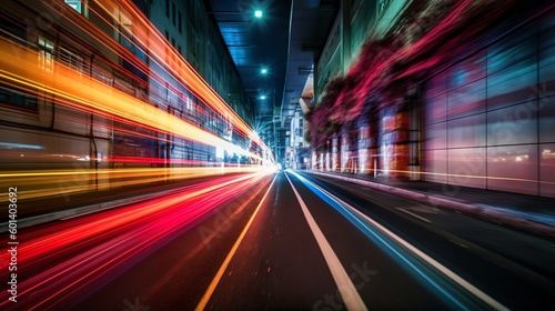 Abstract long exposure dynamic speed light trails in an urban environment made with Ai generative technology © Jixster