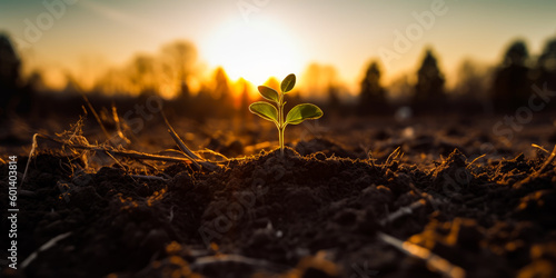 Little green sprout appearing from the ground. Awakening of the nature in spring. Sunset at backdrop. Close up. Generative AI. photo
