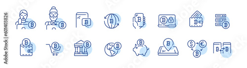 Bitcoin virtual currency exchange and p2p transactions. Crypto wallet. Modern financial products. Pixel perfect, editable stroke line icons set