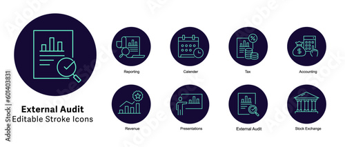External Audit Vector Icons. Audit report vector icons,
Compliance audit vector icons. Financial audit vector icons. Audit checklist vector icons. Assurance icons.
Audit symbol icons. Editable Stroke.