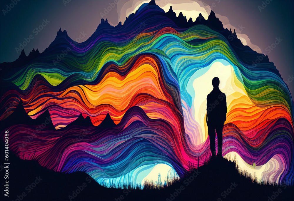 Fototapeta premium Harmonizing mind, body, and soul: a journey of well-being through psychic waves. Wave of emotions and feelings. with an unrecognizable person in a colored frame. Ai generated. 