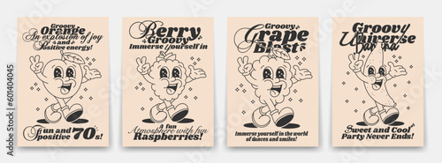 Collection contour groovy posters 70s. Retro poster with funny cartoon walking characters in the form of fruits and poisons, orange, grape, raspberry and banana. Vintage prints, isolated