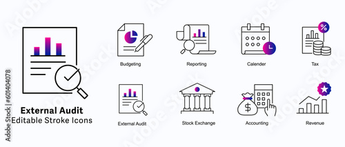 External Audit Vector Icons. Audit report vector icons, Compliance audit vector icons. Financial audit vector icons. Audit checklist vector icons. Assurance icons. Audit symbol icons. Editable Stroke.