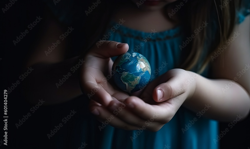Unrecognized girl wearing blue blouse holding a globe carefully. Fragility of earth concept. Close up. Generative AI. Unrecognized girl wearing blue blouse holding a globe carefully. Fragility of earth concept. Close up. Generative AI.