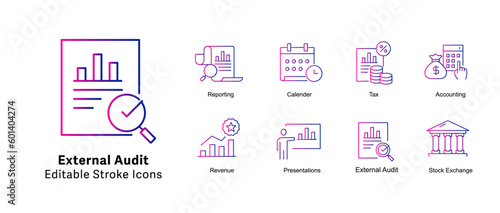 External Audit Vector Icons. Audit report vector icons,
Compliance audit vector icons. Financial audit vector icons. Audit checklist vector icons. Assurance icons.
Audit symbol icons. Editable Stroke.