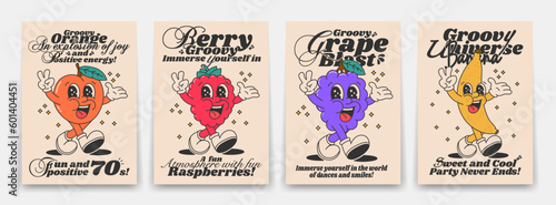 Collection of bright groovy posters 70s. Retro poster with funny cartoon walking characters in the form of fruits and poisons, orange, grape, raspberry and banana. Vintage prints, isolated