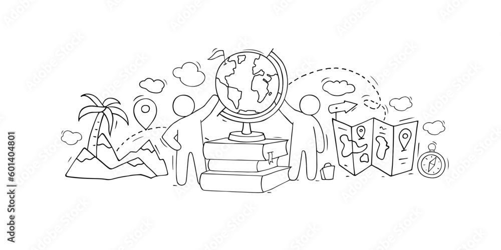 Doodle people, world globe map and books Doodle people, world globe map and books