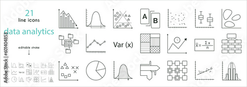 A set of data analytics icons. Linear regression, distribution density, heat map, testing, time series, correlation coefficient, classification, regression analysis, linked data, clustering, trends, f