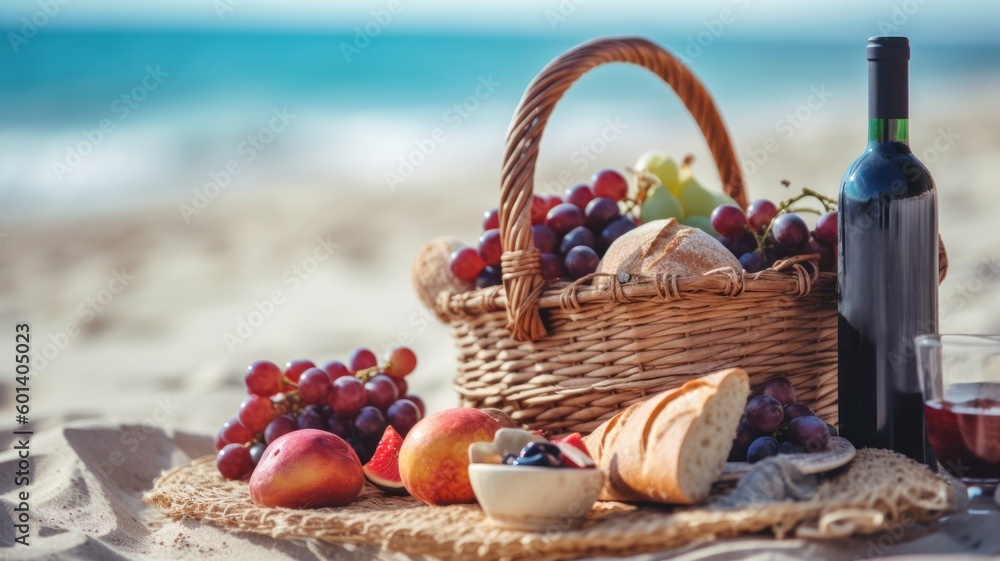 Picnic basket with a bottle of red wine, bread, grapes and fruits at the beach. Generative AI illustration. Picnic basket with a bottle of red wine, bread, grapes and fruits at the beach. Generative AI illustration.