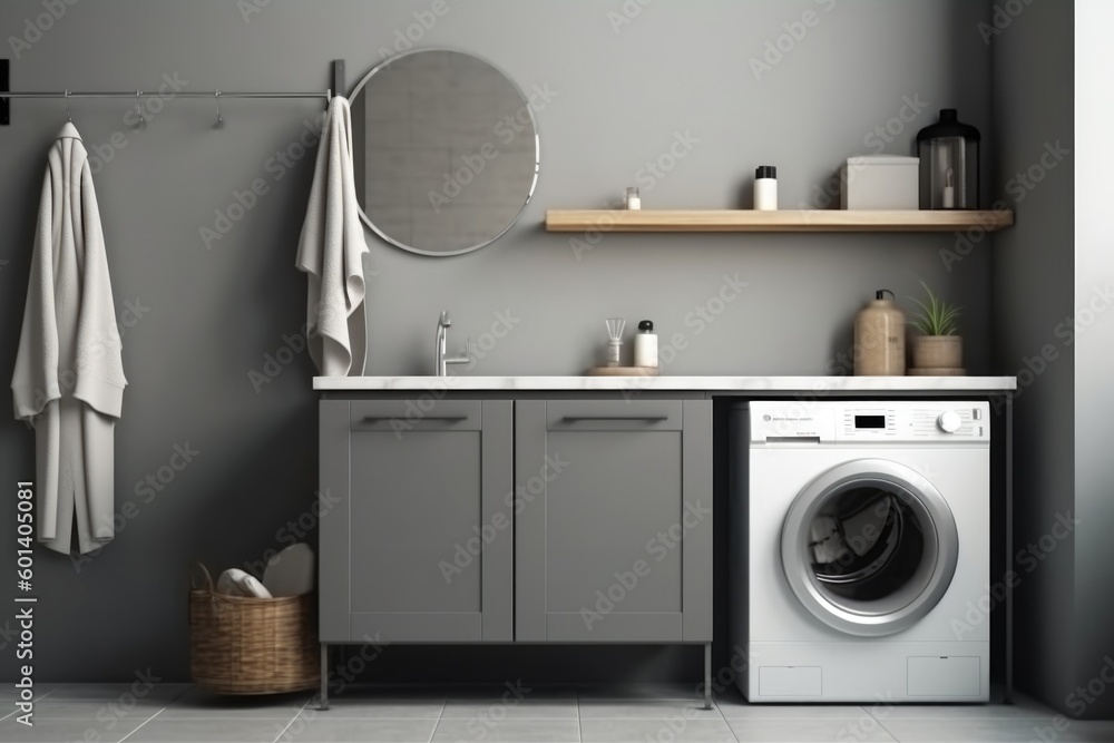 laundry room with hardwood counters and built-in washer. mockup. Generative AI laundry room with hardwood counters and built-in washer. mockup. Generative AI