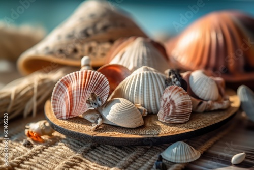 Sea shells on the beach. Generative AI illustration.