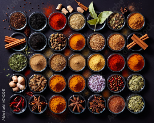 Wide range of spices and seeds in the cups set in rows. Flat lay on black backdrop. Top view. Generative AI.