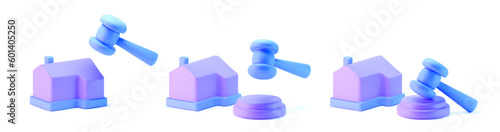 3d purple house with judge gavel icon isolated on light background. Render concept of real estate auction, real estate arbitrage law and house auction. 3d cartoon simple vector illustration