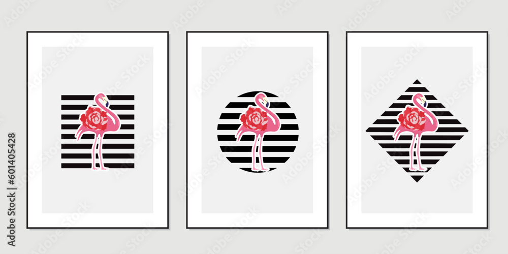 Cute flamingo on a white background with black stripes. Home art wall 3 pieces. Paintings on the wall Cute flamingo on a white background with black stripes. Home art wall 3 pieces. Paintings on the wall