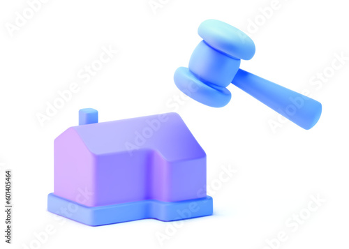 3d purple house with judge gavel icon isolated on light background. Render concept of real estate auction, real estate arbitrage law and house auction. 3d cartoon simple vector illustration
