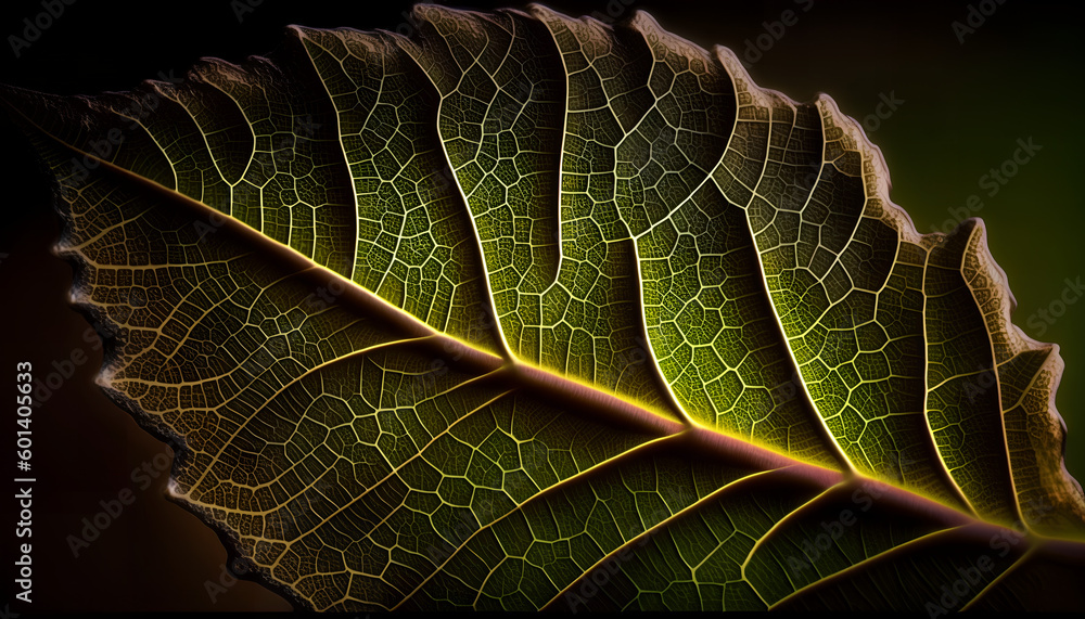 Obraz premium A leaf that has a green leaf with gold highlights. 