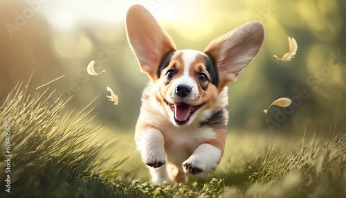 A dog running through a field of grass with a yellow background. 