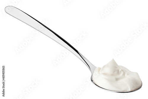 фотографія sour cream in spoon, mayonnaise, yogurt, isolated on white background, full dept