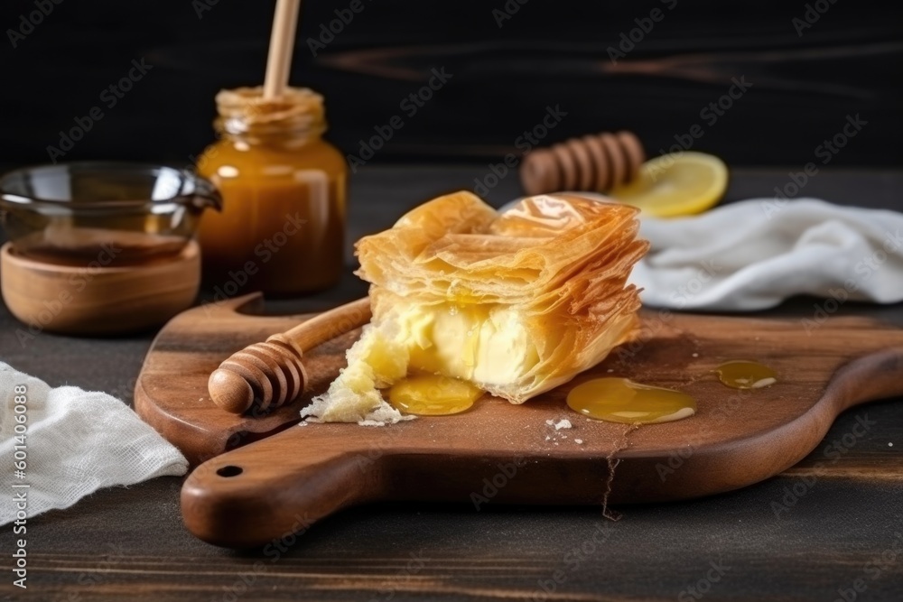 Tiropita - Greek pie made of Filo dough with cheese, ai generative Tiropita - Greek pie made of Filo dough with cheese, ai generative