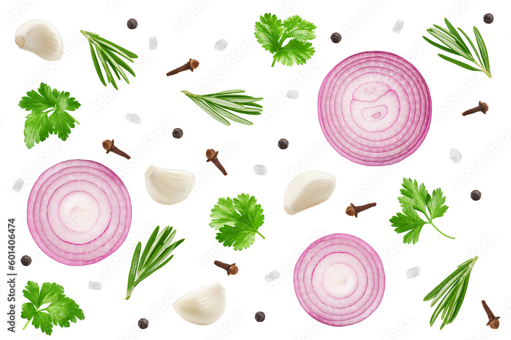 red onion, garlic, parsley, rosemary, coriander, spices, isolated on white background, top view - obrazy, fototapety, plakaty 