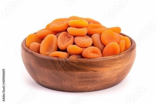 dried apricots in a wooden bowl, ai generative