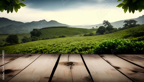 Wooden table on the background of green landscape 