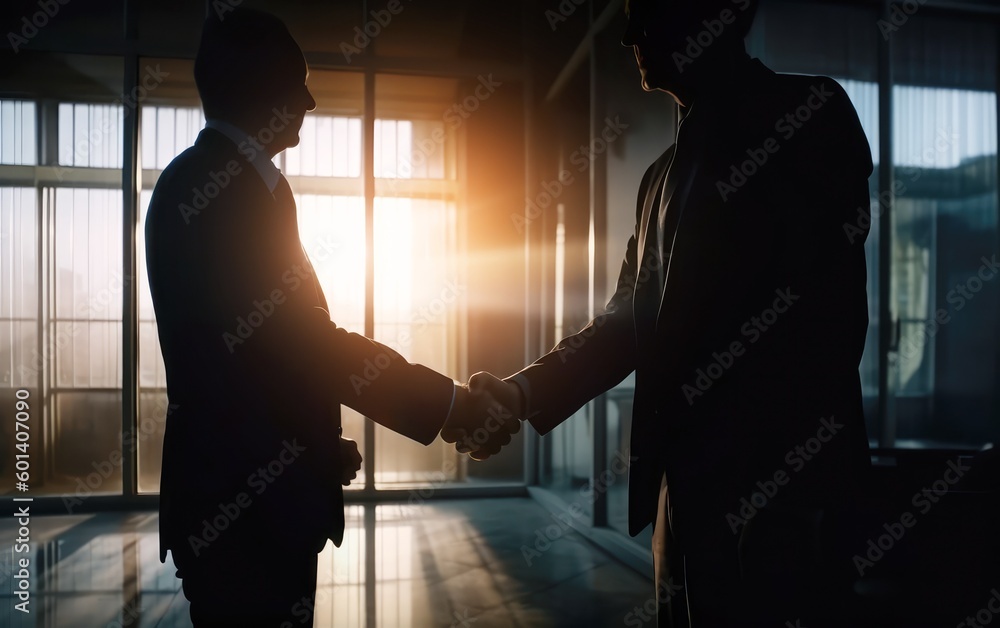 Side view of two silhouette businessmen shaking hands in the office. Concept of success company. Generative AI