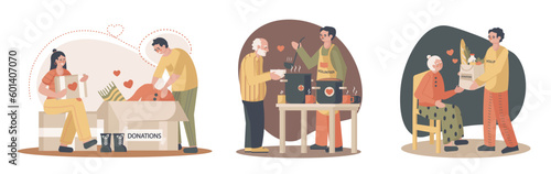 Work of volunteers. Set of illustrations about voluntary help to people