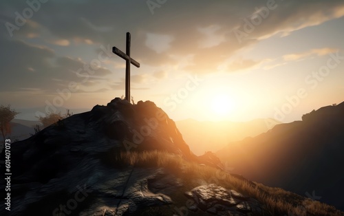 Silhouette cross mountain sunset background. Easter concept. Generative ai.