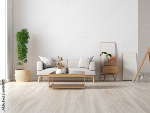 Sofa with cozy pillows, a plant in a pot, a coffee table against a gray wall in the living room. Advertising blog about real estate and modern interior, simple Scandinavian design. Generative ai
