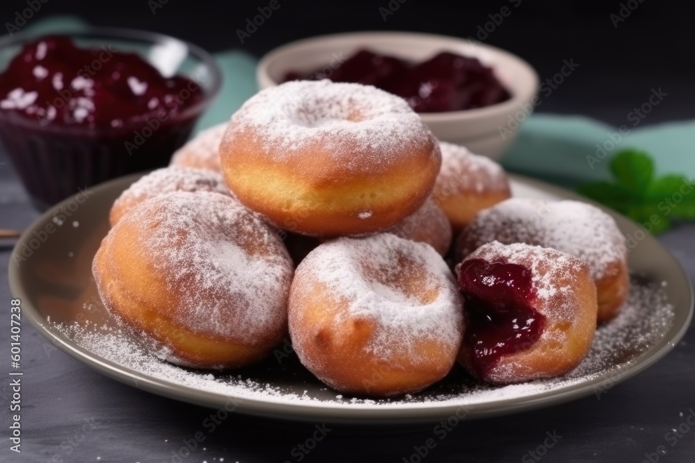 Close-up of donuts (Berlin pancakes) dusted with powdered sugar, donuts, ai generative