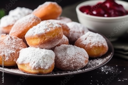 Close-up of donuts (Berlin pancakes) dusted with powdered sugar, donuts, ai generative