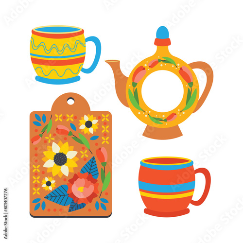 A set of tableware with a floral ornament. Jug, cup, kitchen cutting board.
