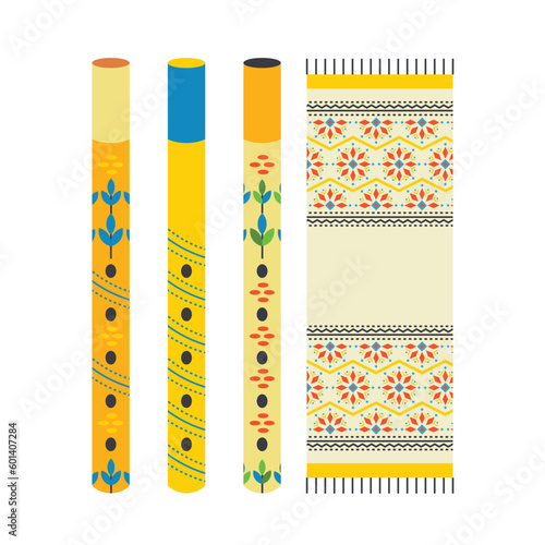 Musical Instruments. Pipes with an ornament. Towel with embroidery. Ukrainian symbols.