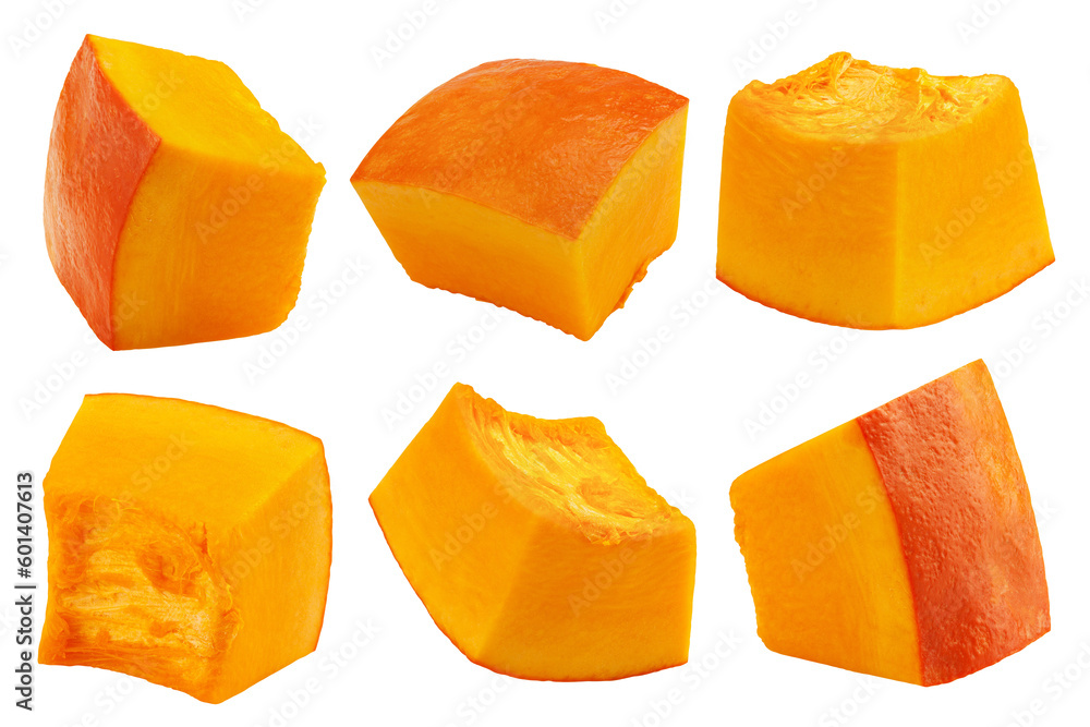 piece of pumpkin, cubes, isolated on white background, full depth of field piece of pumpkin, cubes, isolated on white background, full depth of field