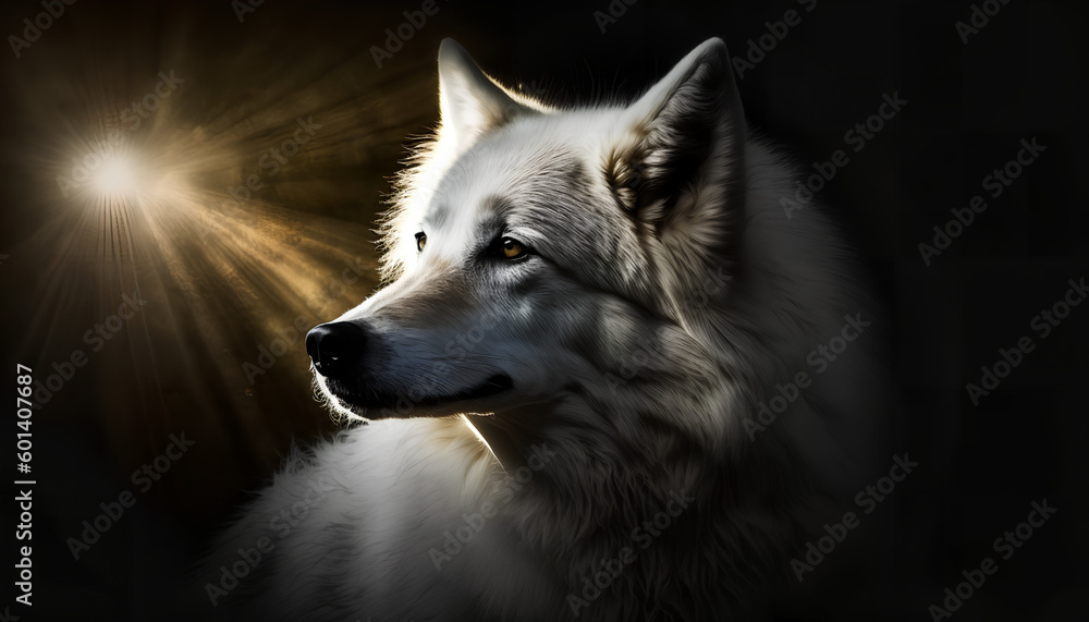 A white wolf with yellow eyes and a glowing light on its muzzle
A white wolf with yellow eyes and a glowing light on its muzzle
