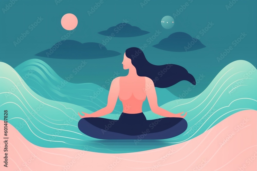 woman yoga meditation sea exercise ocean vacation person lotus back relaxation. Generative AI.