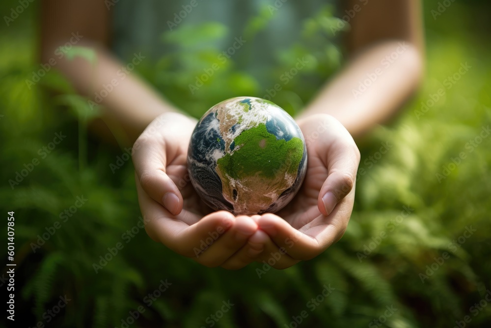 Hands holding the Earth on a lush green background. Generative AI Hands holding the Earth on a lush green background. Generative AI
