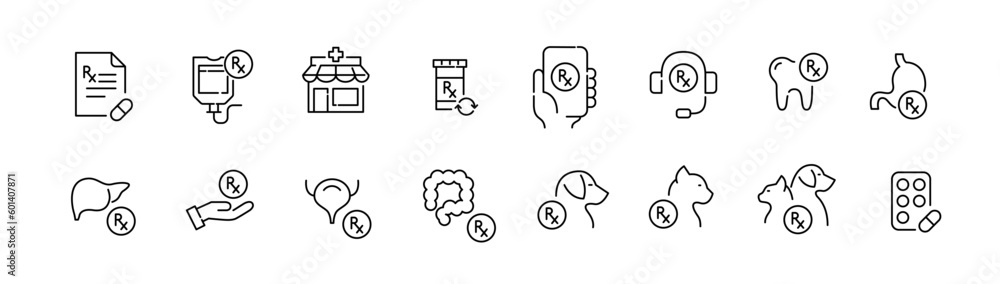 Prescription drugs. Healthcare and medicine, pharmaceutical shopping. Pixel perfect, editable stroke line icons set