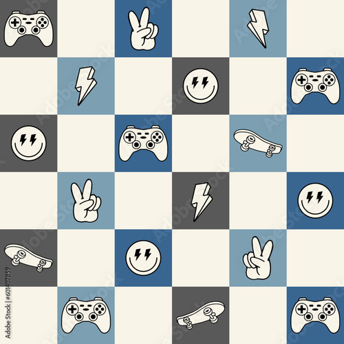 Checked seamless pattern file. Game controllers, happy faces and skateboards with a check background. Vector seamless file for fabrics , apparels and other uses.