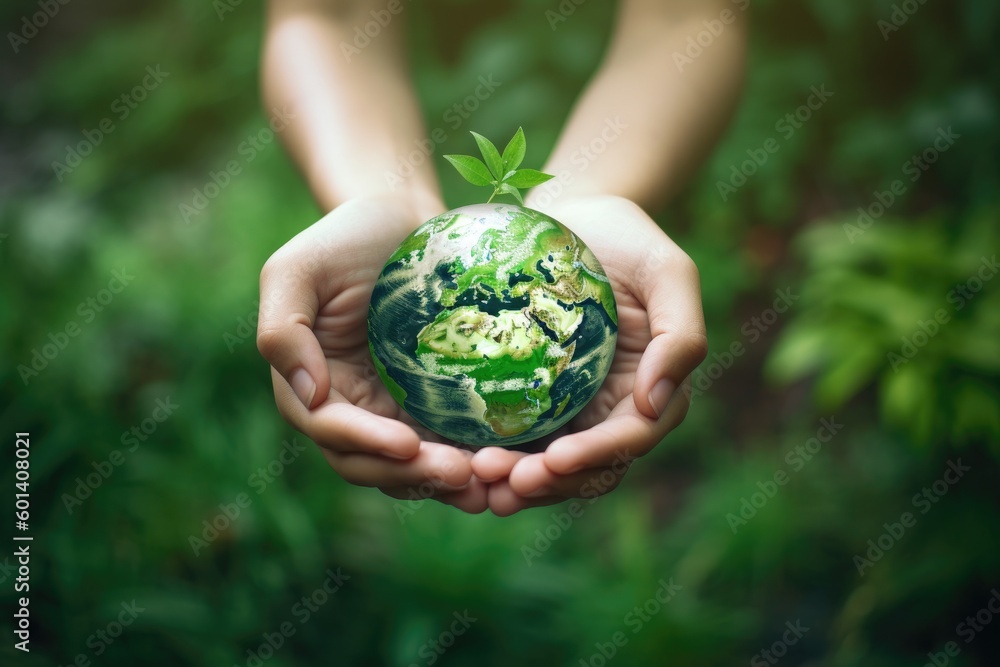 Hands holding the Earth on a lush green background. Generative AI Hands holding the Earth on a lush green background. Generative AI