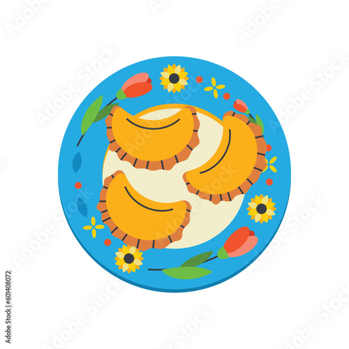 Dumplings on a plate. Ukrainian symbols.