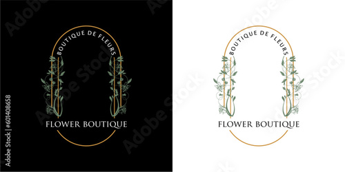 Logo design template with arches - floral frame with copy space for text or letters - emblem for fashion, beauty and jewelry, wedding invitation, social media