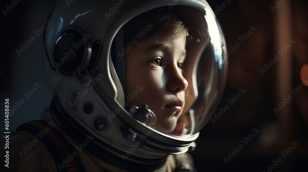 Little kid wearing spacesuit. Cosmonaut concept. Ai generated.