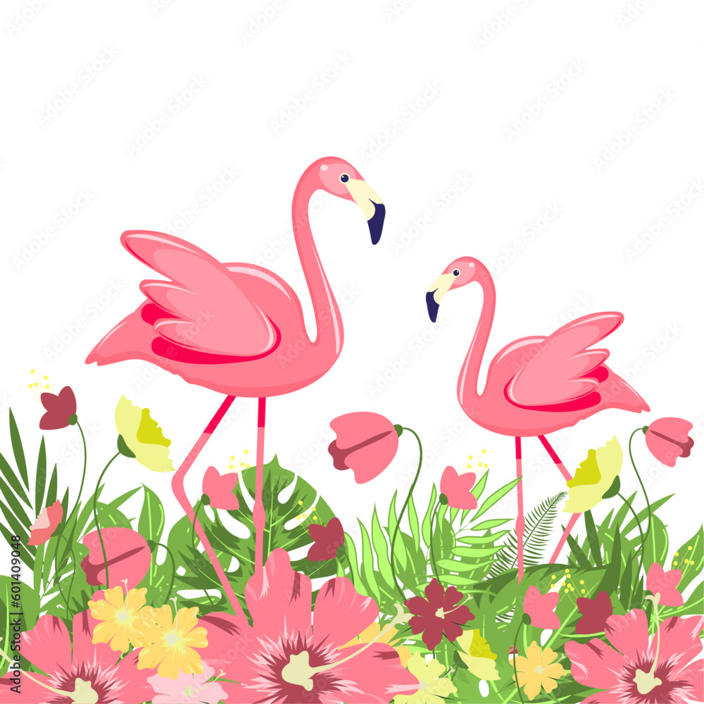 Fototapeta premium vector with a pair of flamingos. illustration with flamingos and tropical leaves and flowers